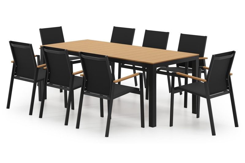 Toma tuinset in zwart aluminium en polywood met 8 Bahia polywood tuinstoelen