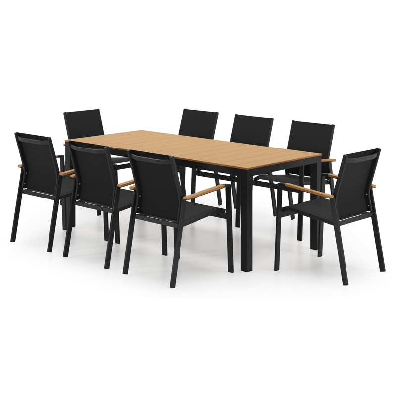 Toma tuinset in zwart aluminium en polywood met 8 Bahia polywood tuinstoelen