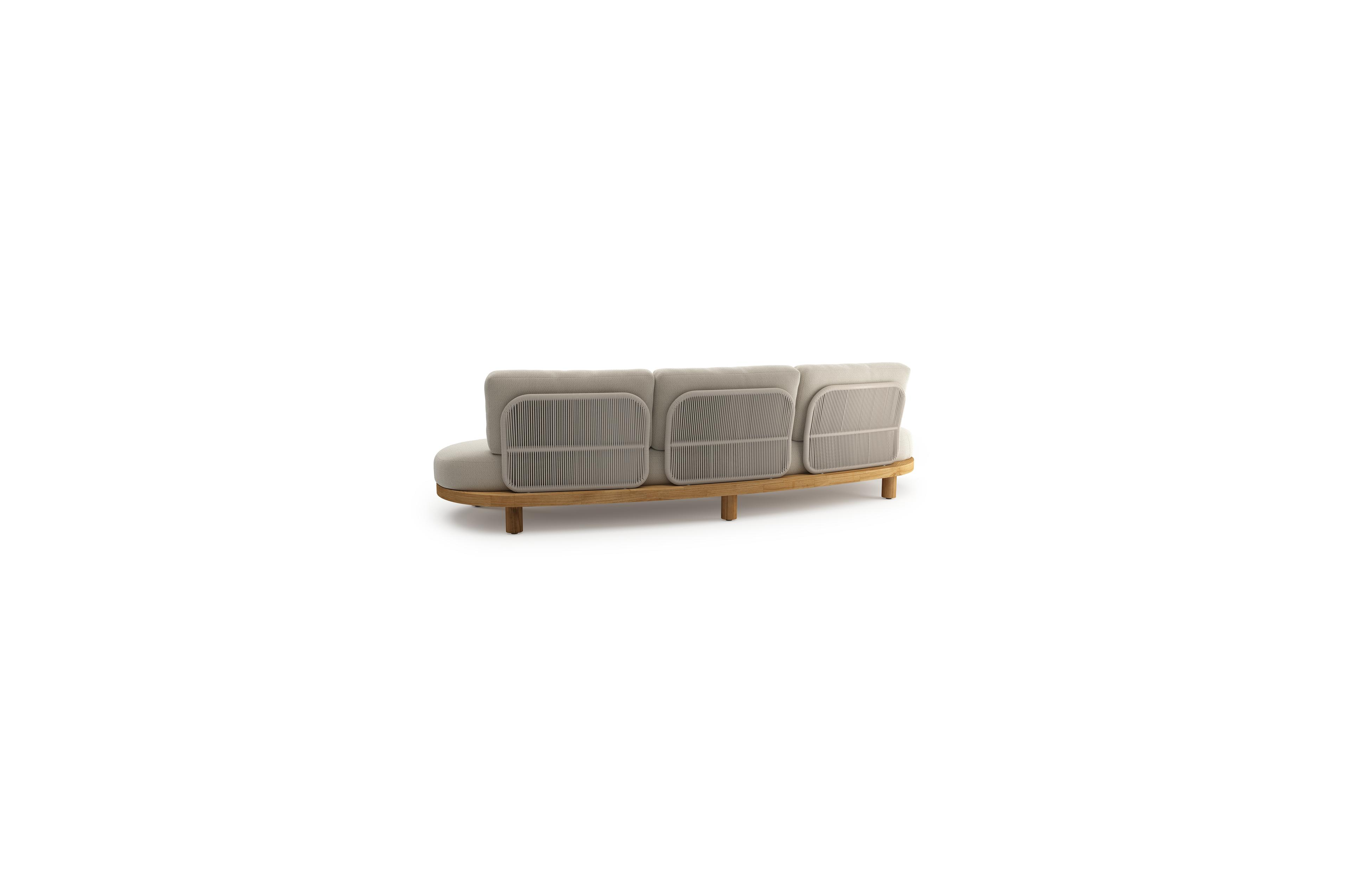 Donato loungebank in teak en beige verticaal geweven ronde rope met all weather sunbrella® luxe Lopi Marble kussen