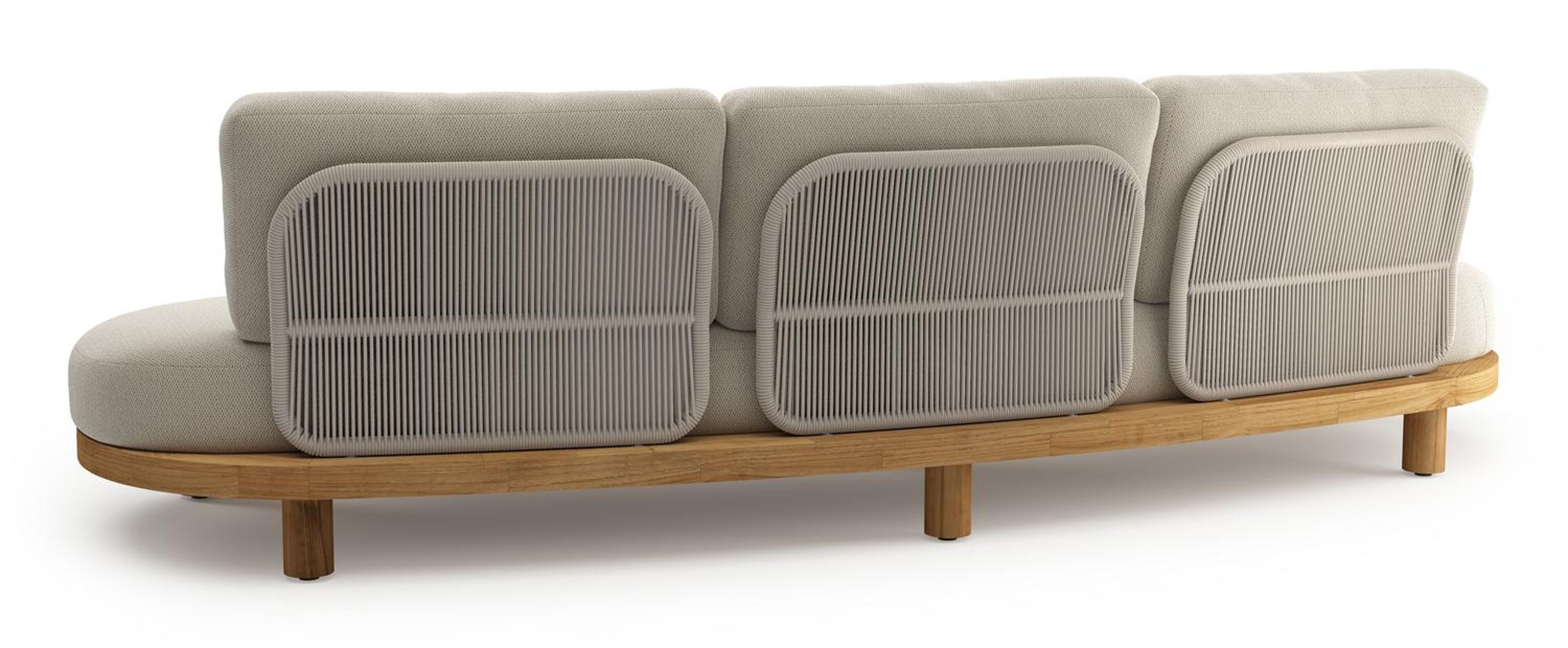 Donato loungebank in teak en beige verticaal geweven ronde rope met all weather sunbrella® luxe Lopi Marble kussen