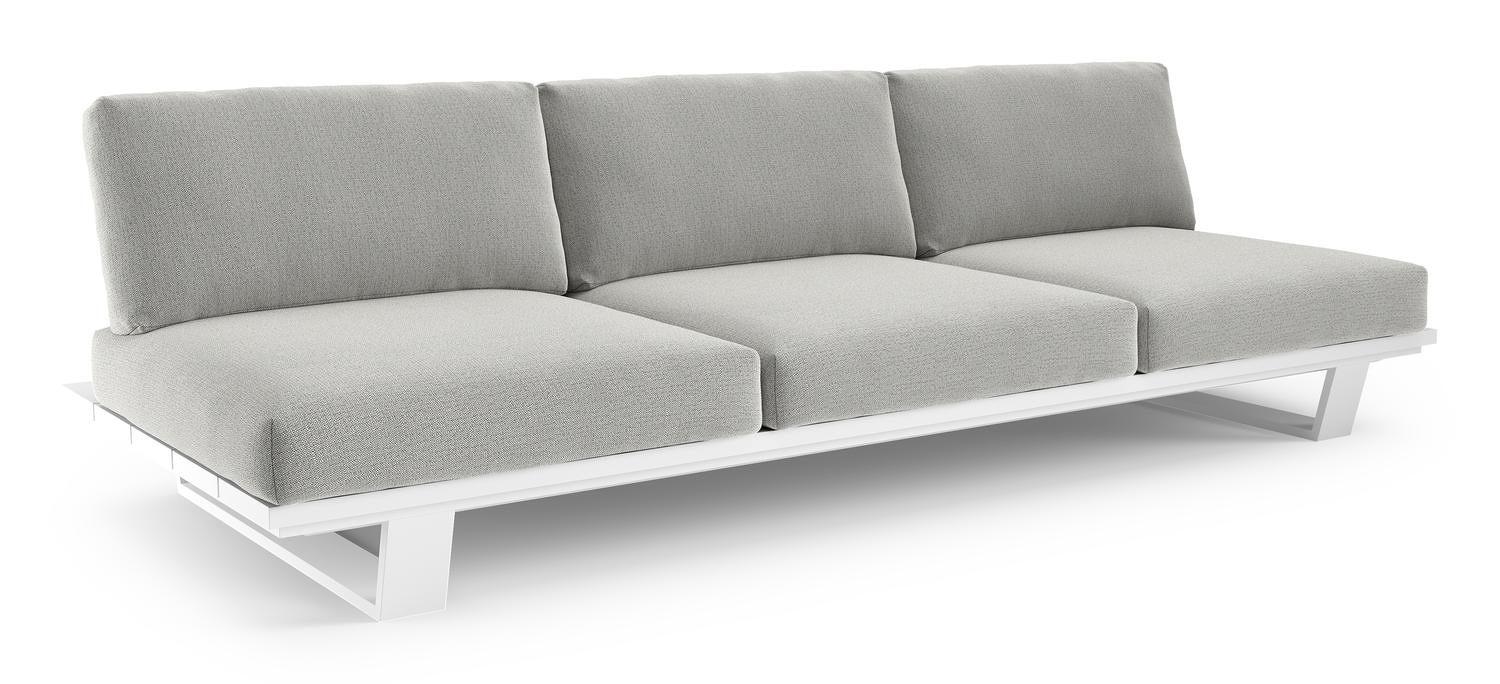 Canapé de jardin Pagino en aluminium blanc avec coussins en all weather sunbrella® luxe savane nimbus