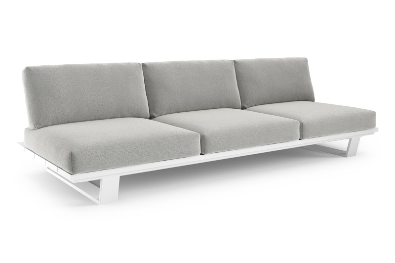 Canapé de jardin Pagino en aluminium blanc avec coussins en all weather sunbrella® luxe savane nimbus