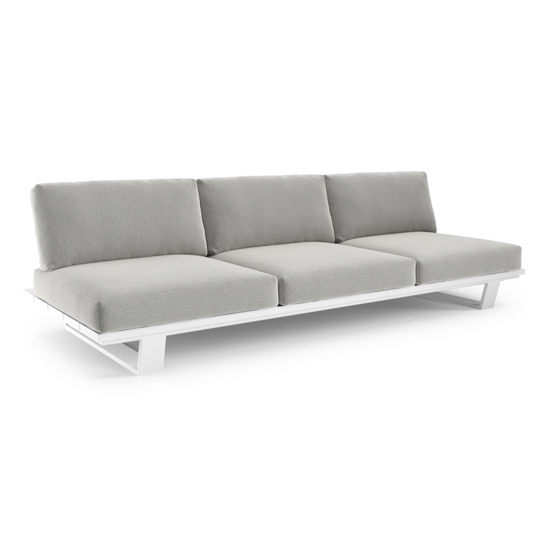 Canapé de jardin Pagino en aluminium blanc avec coussins en all weather sunbrella® luxe savane nimbus