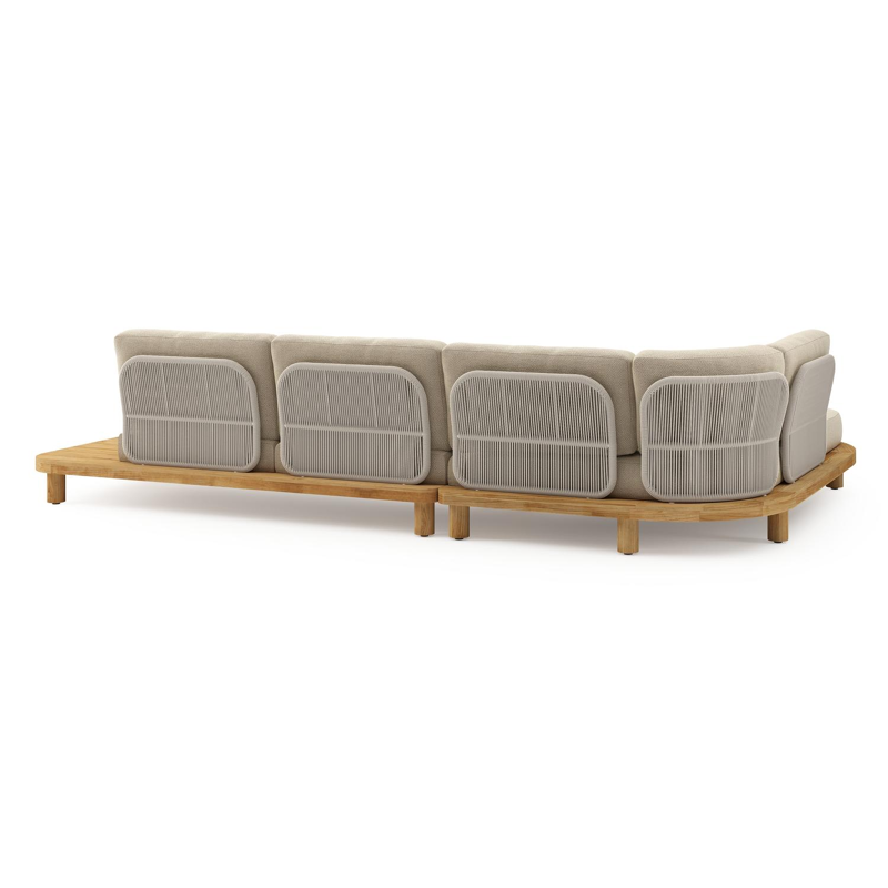 Donato loungehoek in teak en beige verticaal geweven ronde rope met all weather cosytica Althea Camel kussen