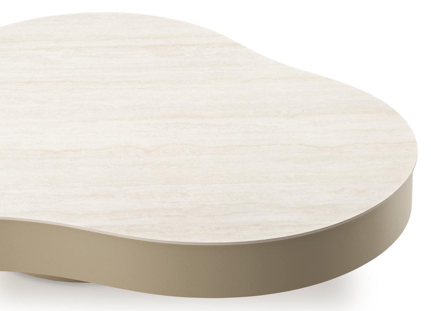 Table de basse Lomano cloud en aluminium beige et céramique pleine Travertino Bianco - Lg. 131 x Lrg. 108 x Haut. 25 cm