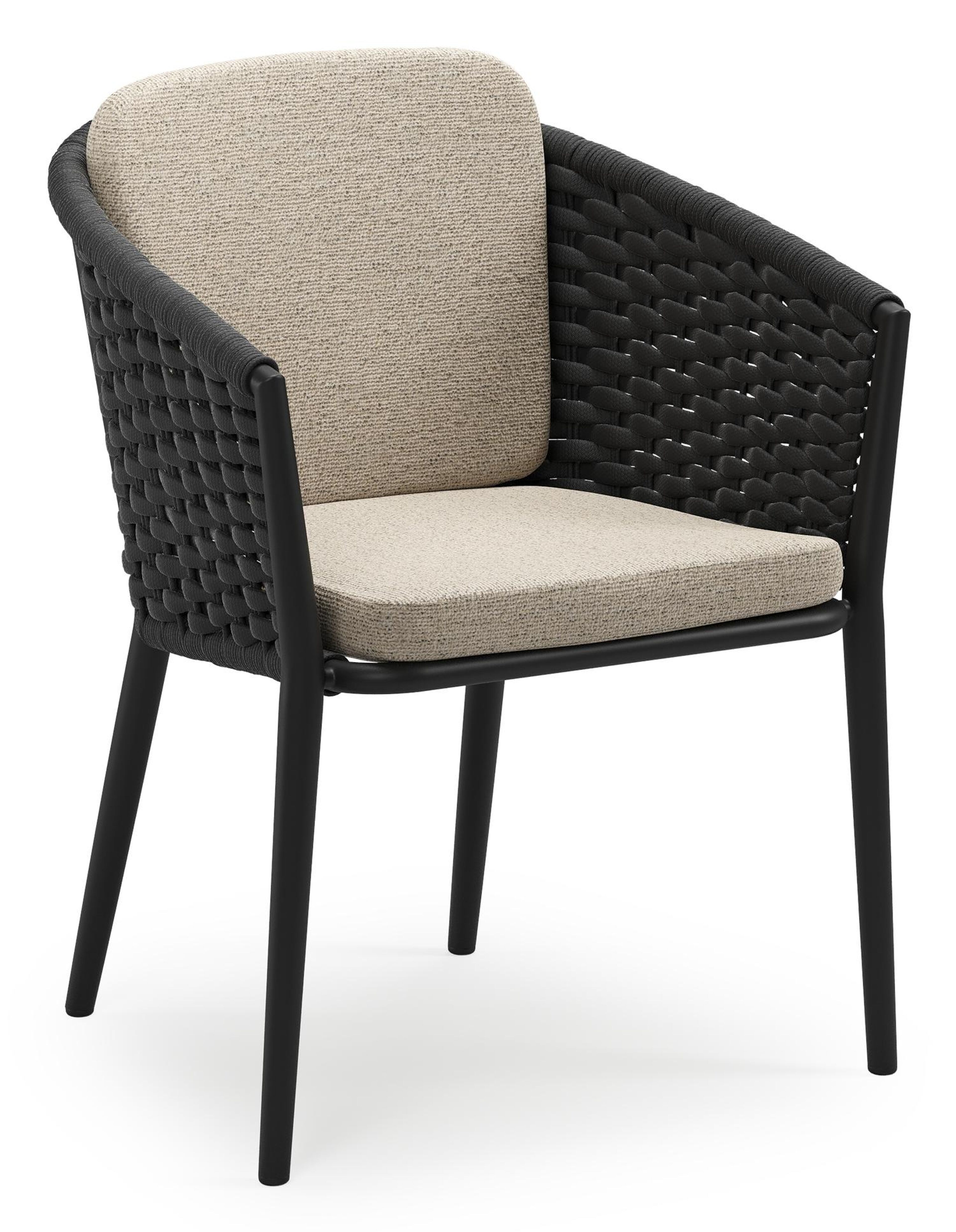 Chaise de jardin empilable Orso en aluminium noir et corde ronde tissée horizontalement noir avec coussin en All Weather Cosytica Marbella Beige