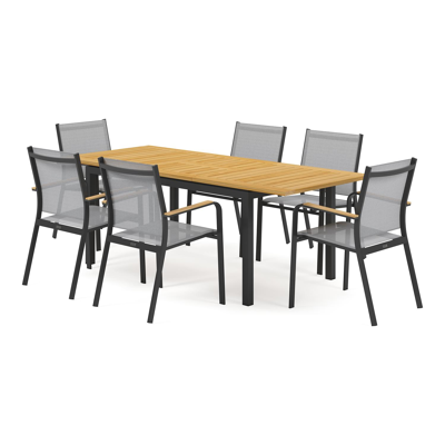 Ensemble de jardin Amalfi avec table extensible en aluminium noir avec plateau de table en teck et 6 chaises de jardin empilables Amalfi