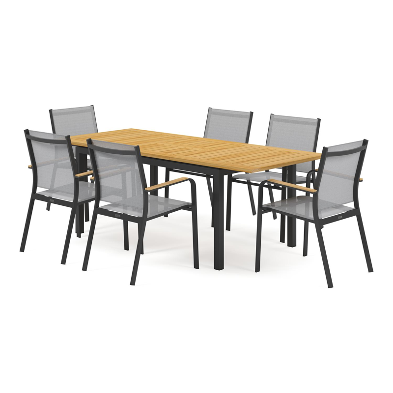 Ensemble de jardin Amalfi avec table extensible en aluminium noir avec plateau de table en teck et 6 chaises de jardin empilables Amalfi