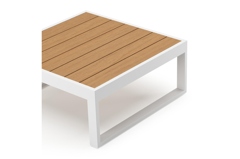 Table basse Caldela en blanc aluminium et polywood - Lg. 70 x Lrg. 70 x Haut. 30.5 cm