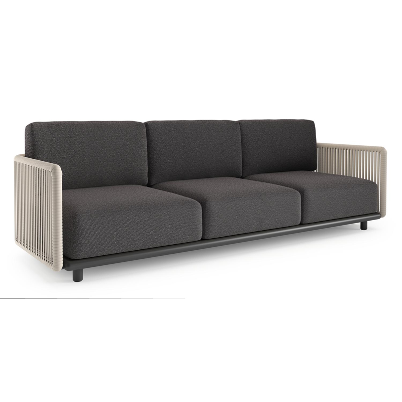 Organo loungebank in zwart aluminium en beige verticaal geweven luxe vlakke rope met firenze tunder all weather Solica kussen