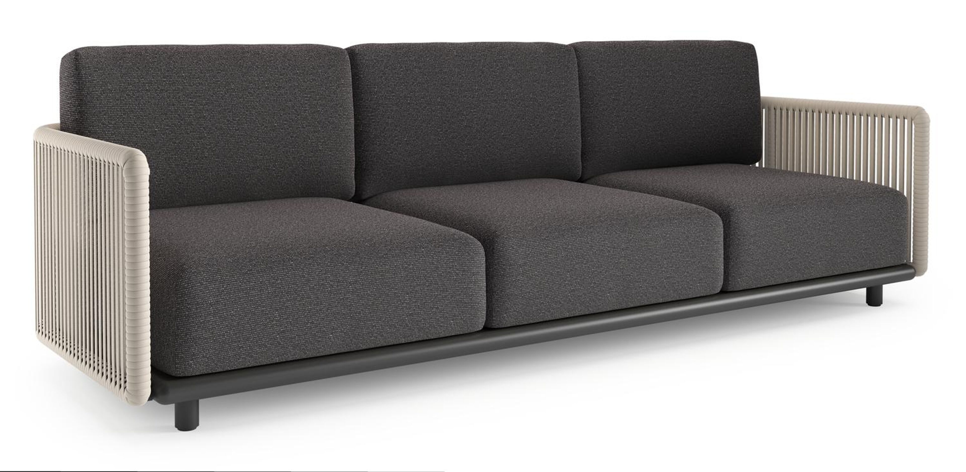 Organo loungebank in zwart aluminium en beige verticaal geweven luxe vlakke rope met firenze tunder all weather Solica kussen