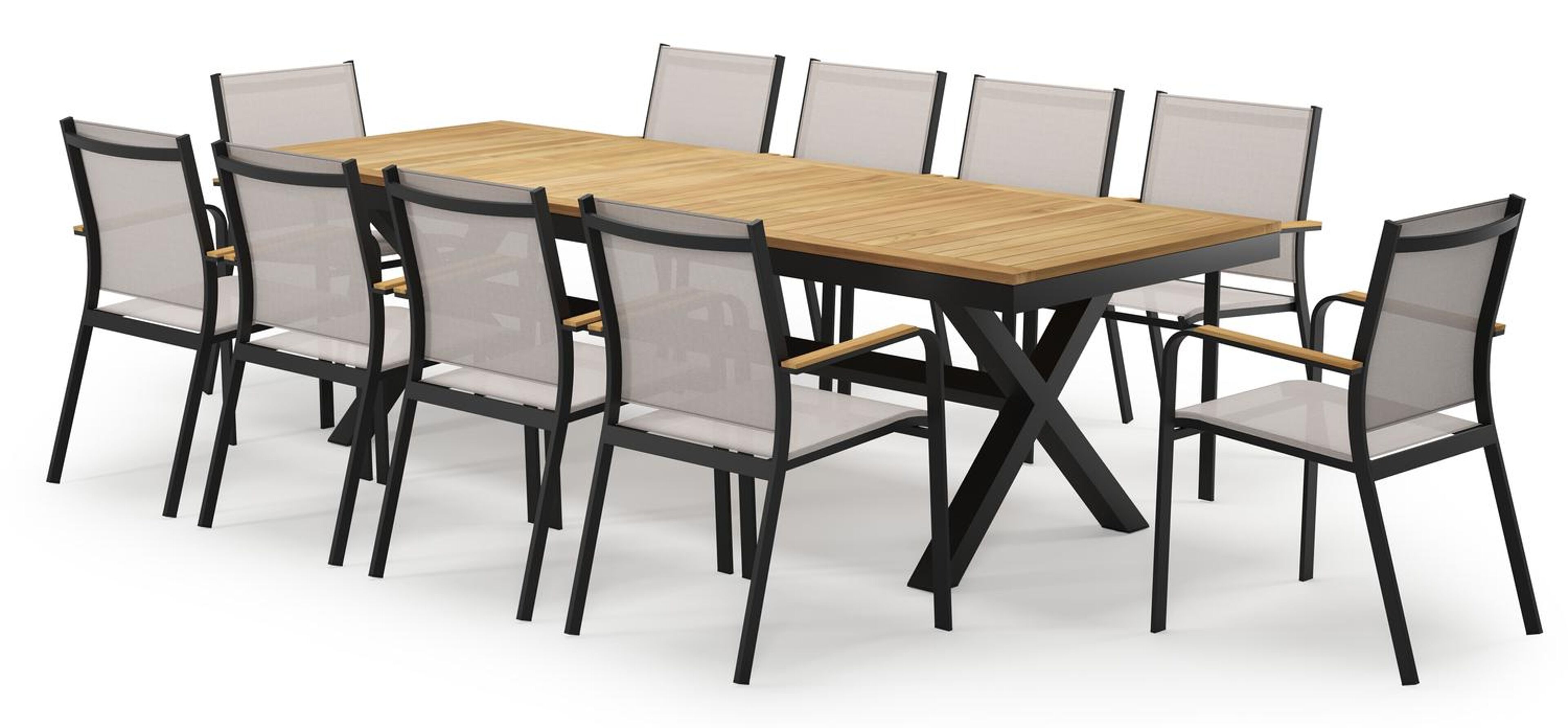 Reza rechthoekige tuinset in zwart aluminium en teak natural finish met 10 Amalfi tuinstoelen