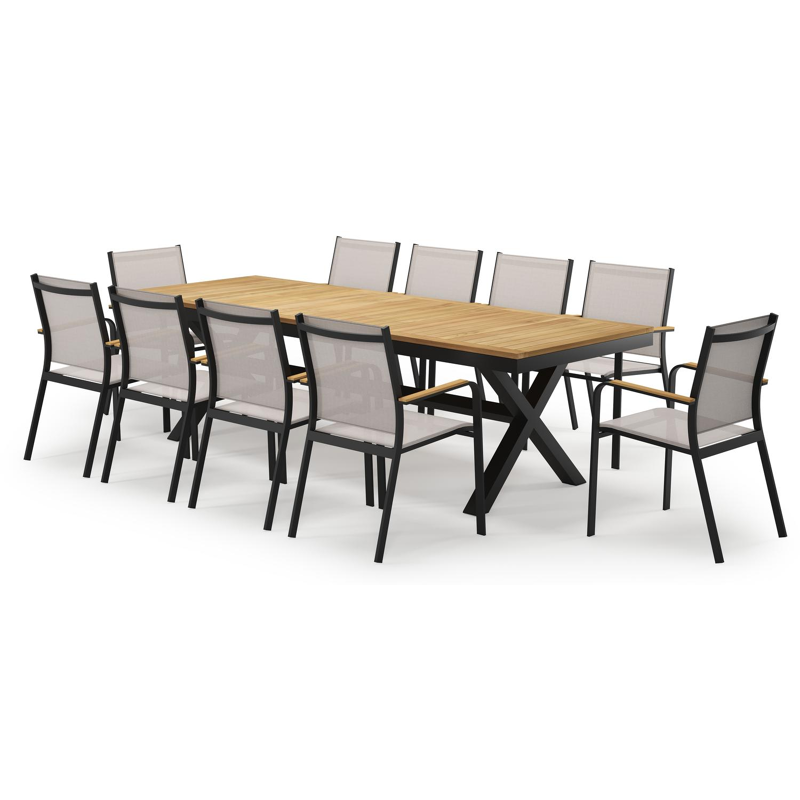 Reza rechthoekige tuinset in zwart aluminium en teak natural finish met 10 Amalfi tuinstoelen