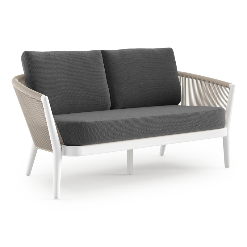 Orso loungebank in wit aluminium en beige verticaal geweven ronde rope met Lopi Shadow all weather sunbrella® luxe kussen