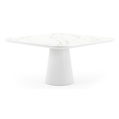 Table de jardin Donato carré arrondi en aluminium blanc et céramique pleine calacatta - Lg. 148 x Lrg. 148 x Haut. 75 cm