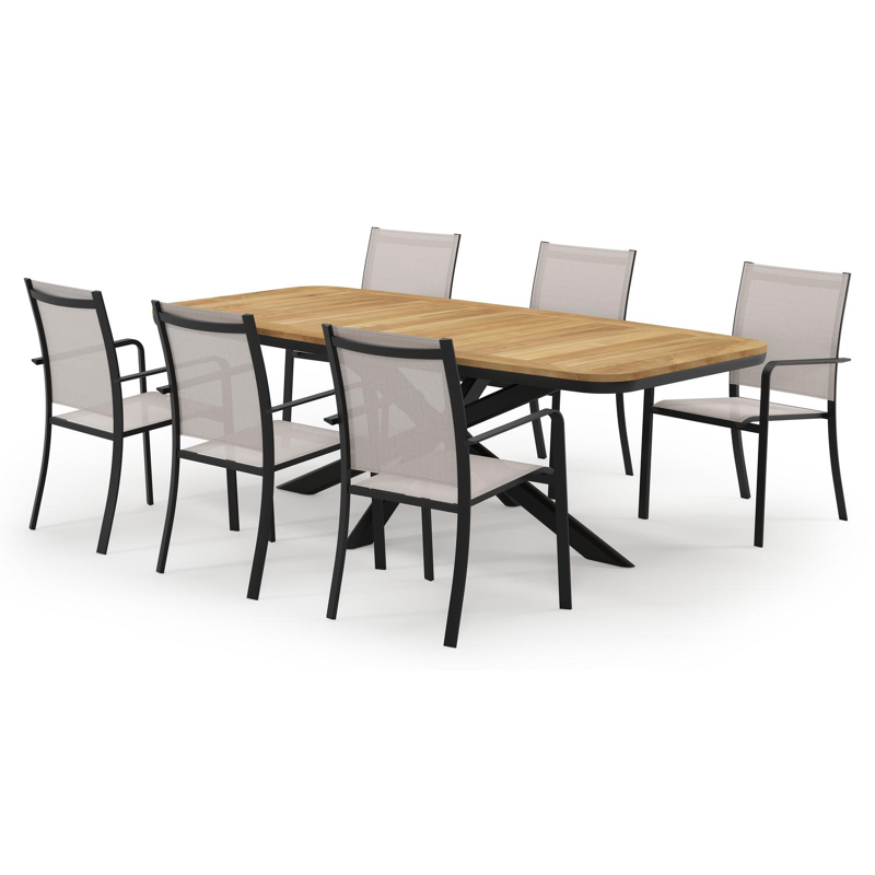 Pamplona bootvormige tuinset in zwart aluminium en teak natural finish met 6 Calobra tuinstoelen