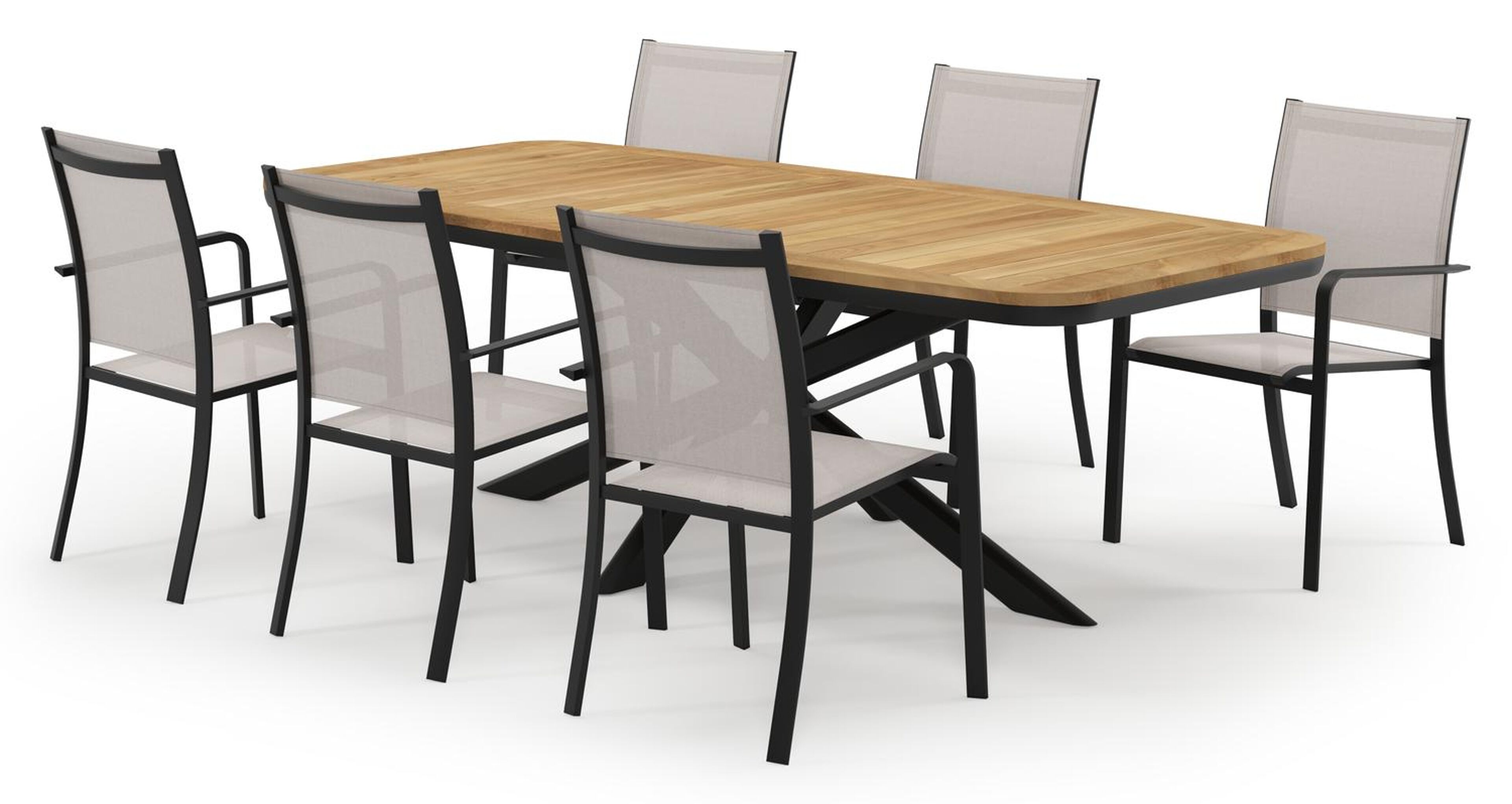 Pamplona bootvormige tuinset in zwart aluminium en teak natural finish met 6 Calobra tuinstoelen