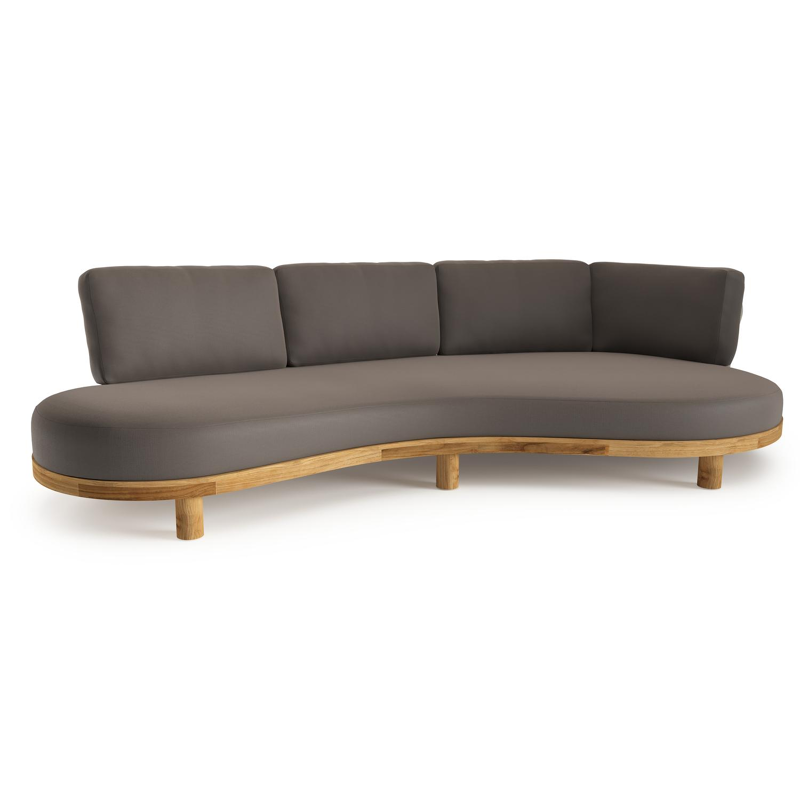 Donato loungebank in teak met natte nature grey all weather sunbrella® luxe kussen