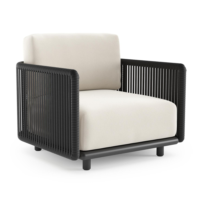 Organo loungestoel in zwart aluminium en zwart verticaal geweven luxe vlakke rope met savane white all weather Sunbrella® luxe kussen