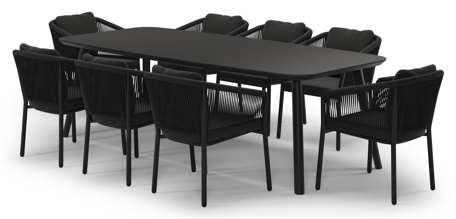 Mosa tuinset in zwart aluminium en notte minerale sintered stone met 8 Gerona tuinstoelen