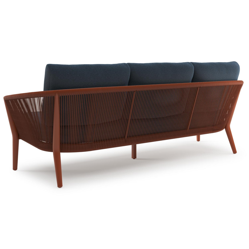 Orso loungeset in roestbruin aluminium en roestbruin verticaal geweven ronde rope met Heritage Indigo All Weather Sunbrella® luxe kussen