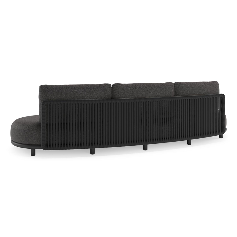 Canapé de jardin Lomano en aluminium noir et corde luxe plate tissée verticalement noir et coussins en all weather solica firenze tunder