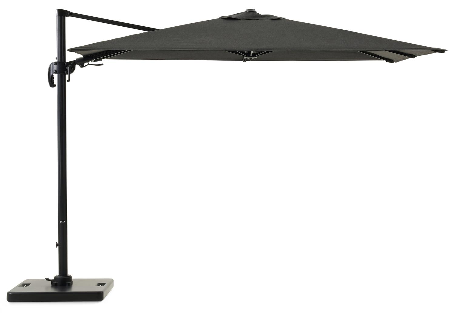 Avola zweefparasol met tiltfunctie in zwart aluminium en Natte Sooty Sunbrella® Premium parasoldoek - L1 200 x L2 300 cm met Pedito parasolvoet 120 kg