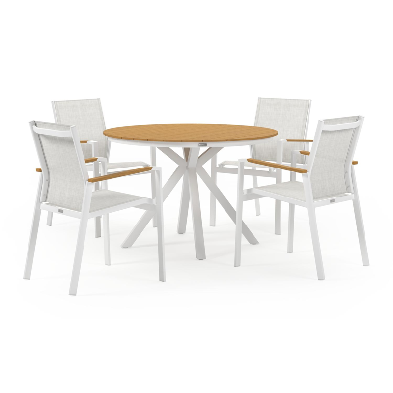 Tora tuinset in wit aluminium en naturel polywood tafelblad met 4 stapelbare Bahia tuinstoelen