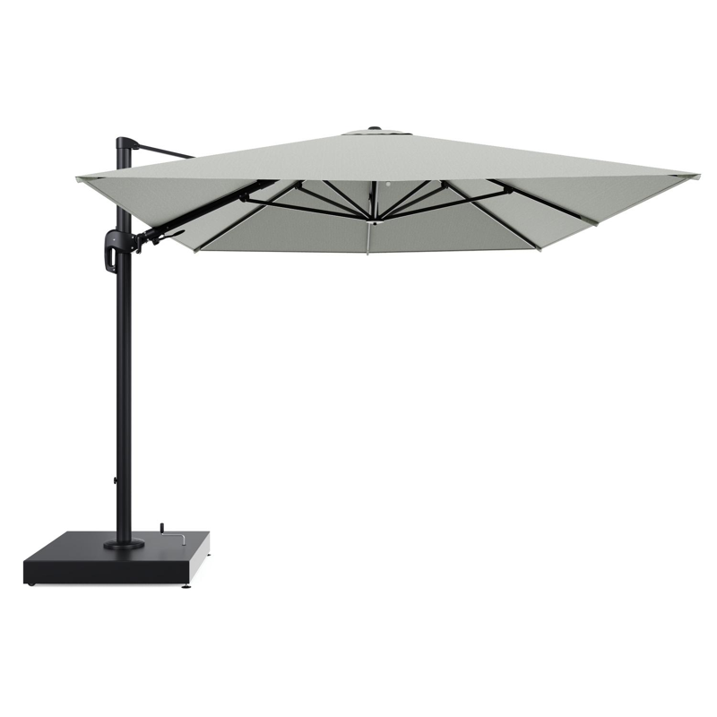Rufina zweefparasol met tiltfunctie in zwart aluminium en Slow Spirea All Weather Sunbrella® Luxe parasoldoek - L1 400 x L2 300 cm met parasolvoet Minore 260 kg met wielen