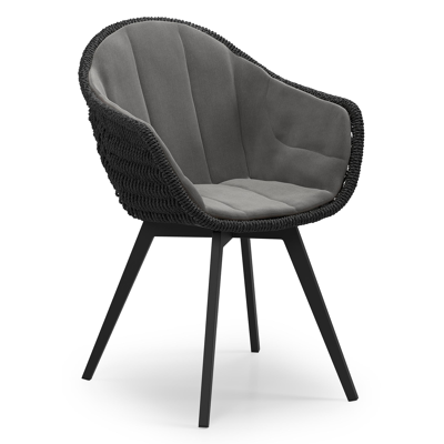 Chaise de jardin Pagino en aluminium noir et résine tressée ronde noir avec coussin en natte charcoal chine all weather sunbrella® luxe