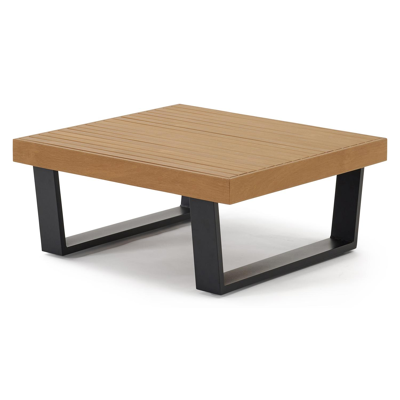 Salon de jardin d'angle Campelo en aluminium noir et polywood avec coussin en gris polyester et table basse