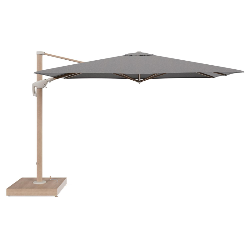 Minore zweefparasol met tiltfunctie in houtlook aluminium en Chartres Drizzle All Weather Sunbrella® Luxe parasoldoek - L1: 280 x L2: 370 cm met parasolvoet Minore 260 kg met wielen