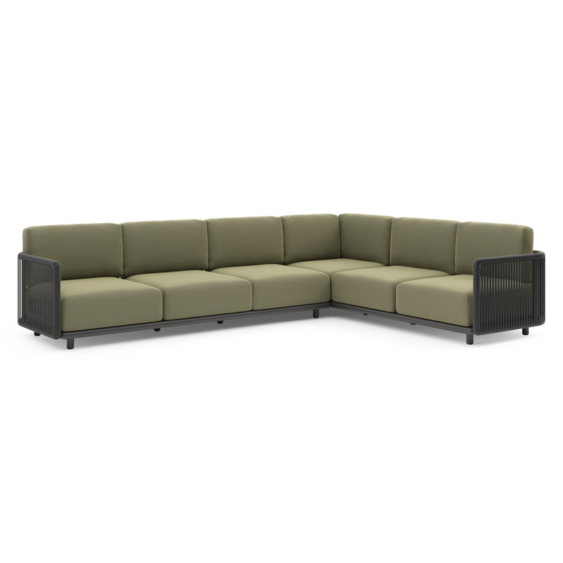 Organo loungehoek in zwart aluminium en zwart verticaal geweven luxe vlakke rope met heritage leaf all weather Sunbrella® luxe kussen