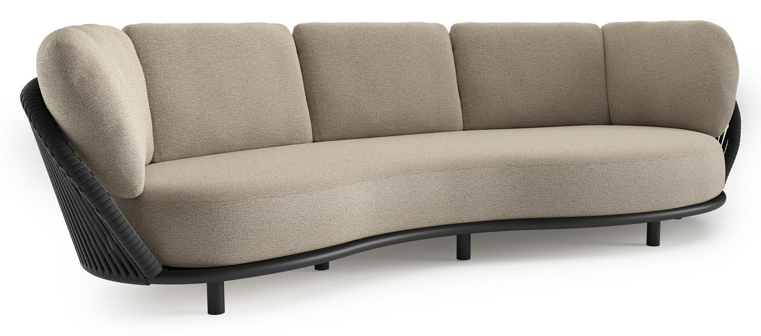 Lupino loungebank in zwart aluminium en zwart verticaal geweven luxe vlakke brede rope met catania beige all weather cosytica kussen