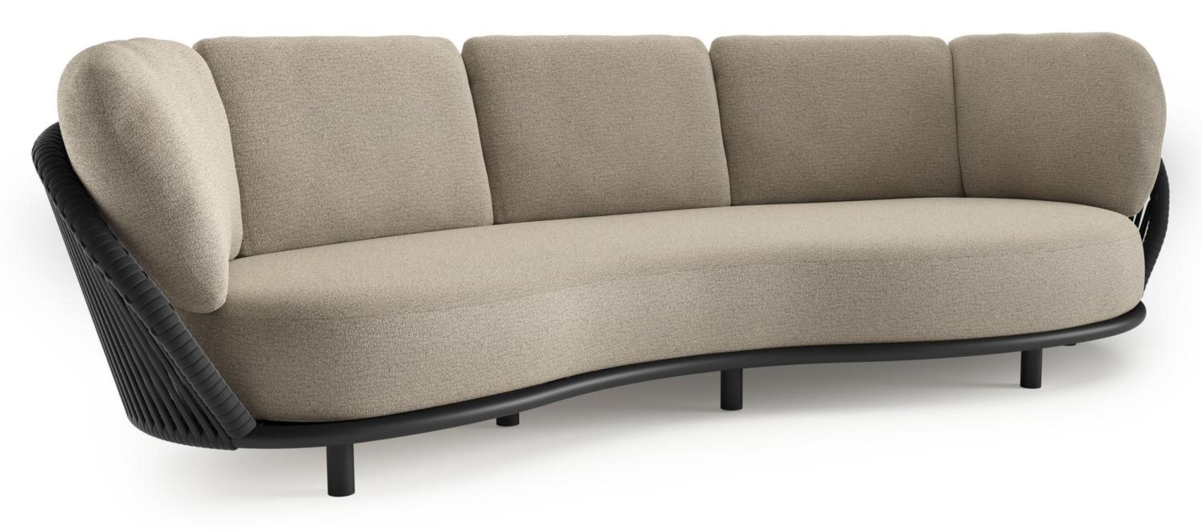 Canapé de jardin Lupino en aluminium noir et corde large plate de luxe tissée verticalement noir et coussins en all weather cosytica catania beige