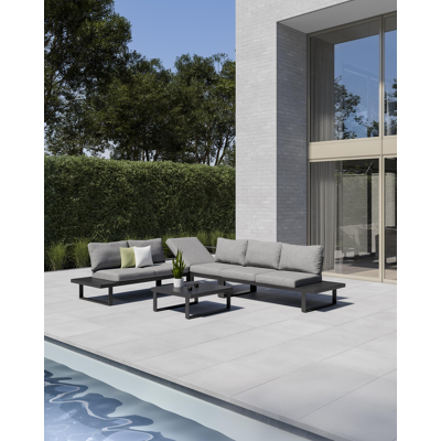 Serado loungehoek in zwart aluminium met grijs polyester kussens en loungetafel
