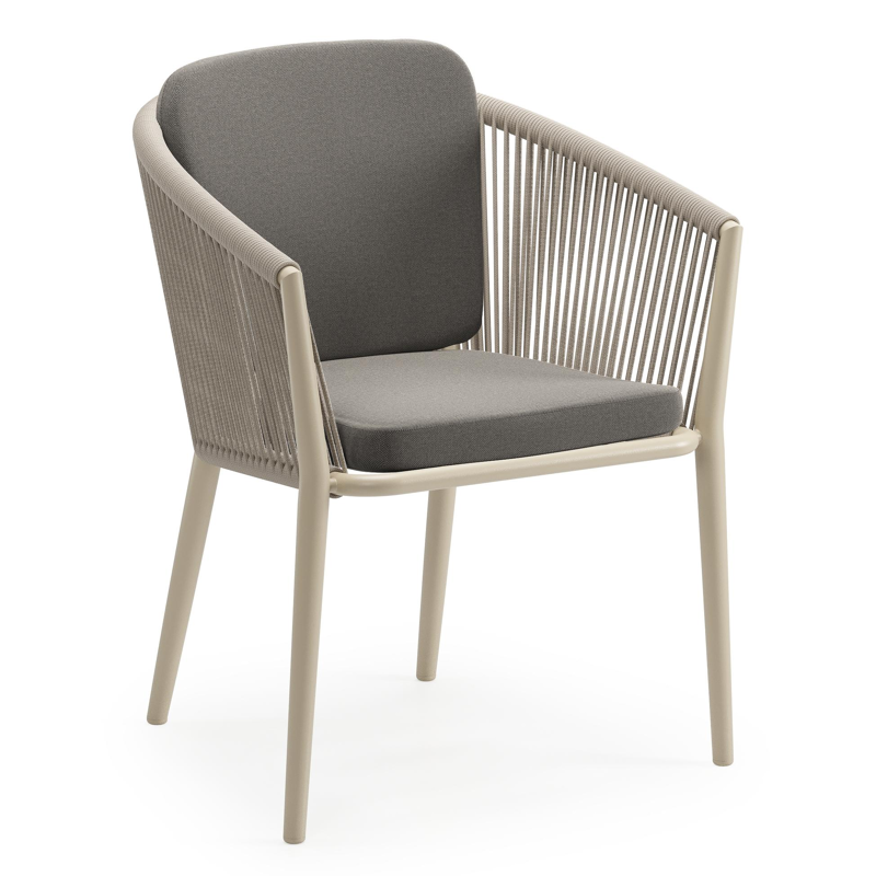 Orso tuinstoel in beige aluminium en beige verticaal geweven ronde rope met zitkussen in All Weather Sunbrella® Luxe Natte Dark Taupe
