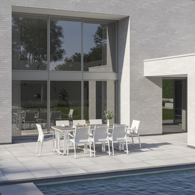 Alora tuinset in wit aluminium en grijs keramische print tafelblad met 8 stapelbare Bahia tuinstoelen