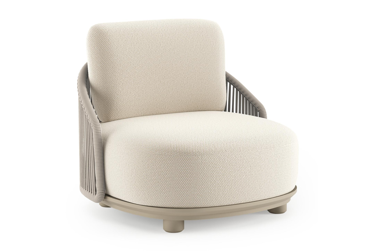 Fauteuil de jardin Vadelo en aluminium beige et corde ronde tissée verticalement beige et coussins en all weather cosytica althea off white
