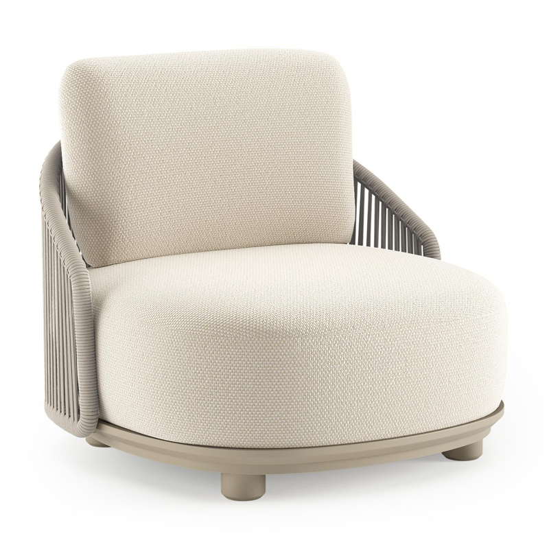 Vadelo loungestoel in beige aluminium en beige verticaal geweven ronde rope met althea off white all weather cosytica kussen