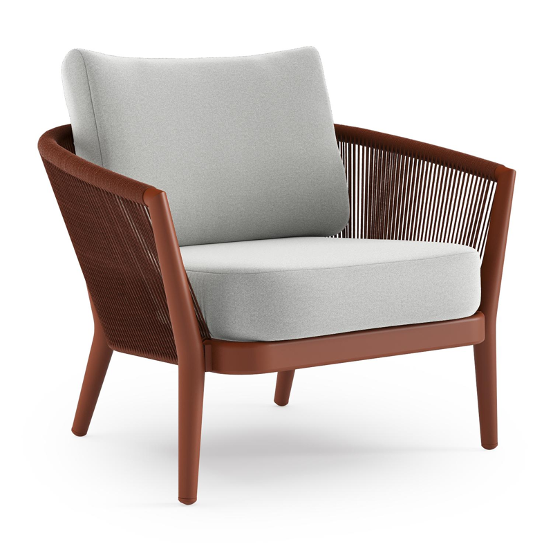 Orso loungestoel in roestbruin aluminium en roestbruin verticaal geweven ronde rope met Natte Grey Chine all weather sunbrella® luxe kussen