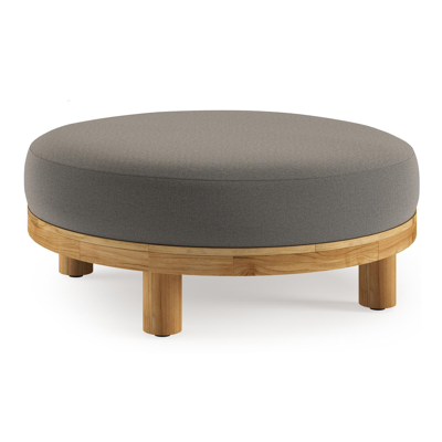 Salon de jardin pouf Donato en teck et corde ronde tissée verticalement beige et coussins en all weather sunbrella® luxe Natte Dark Taupe