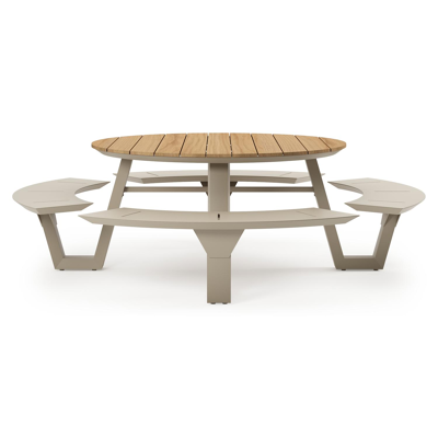 Rondino picknicktafel in beige aluminium en teak - Dia. 236 x H 71,5 cm