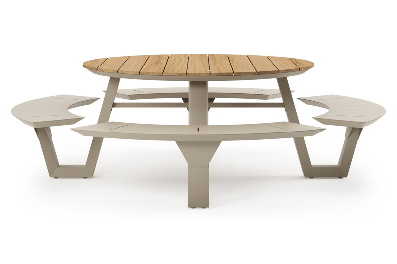 Rondino picknicktafel in beige aluminium en teak - Dia. 236 x H 71,5 cm