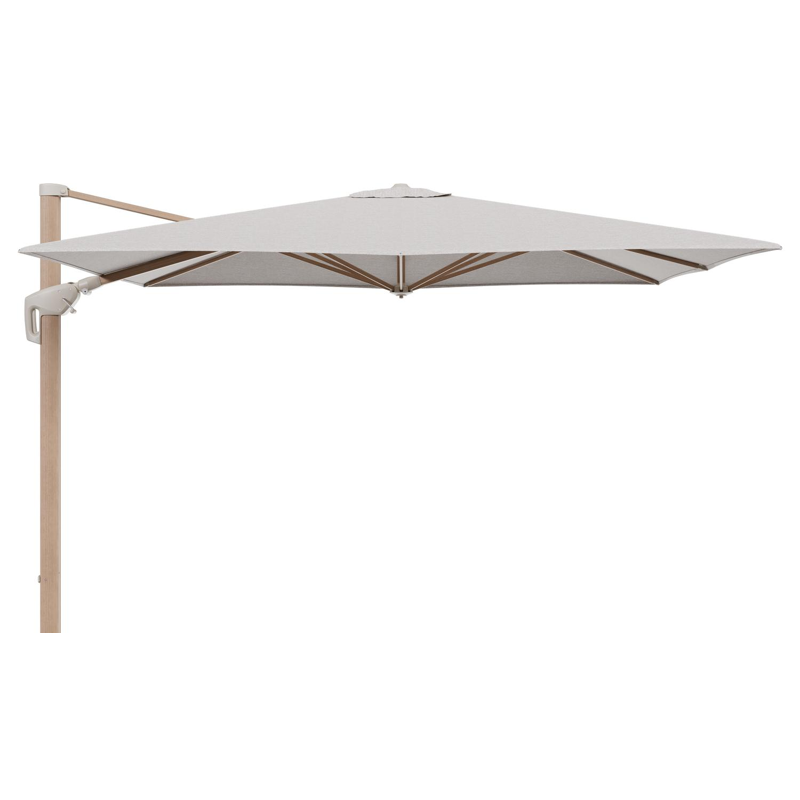 Minore zweefparasol met tiltfunctie in houtlook aluminium en Tundra Sand All Weather Sunbrella® Luxe parasoldoek - L1 280 x L2 370 cm (zonder voet)