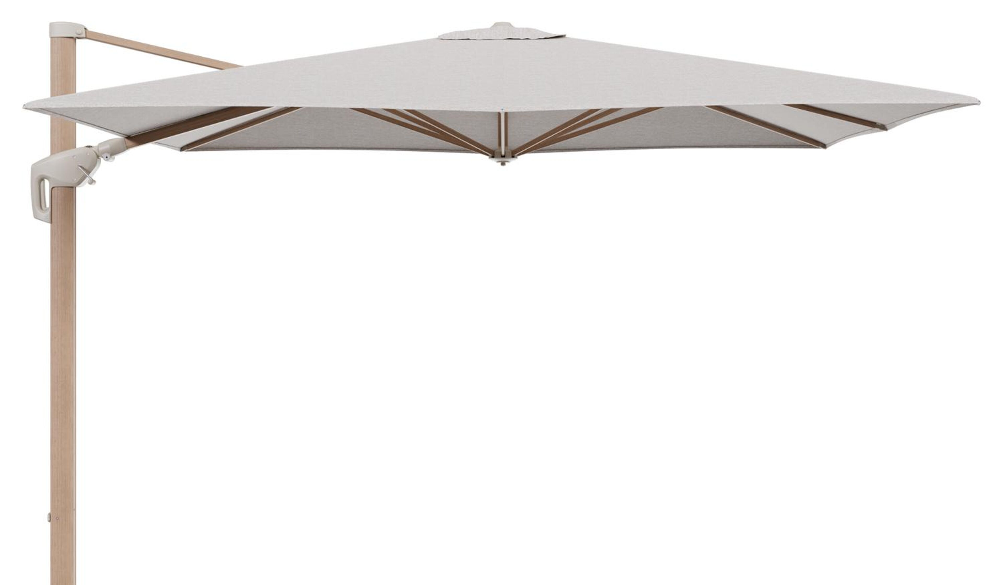 Minore zweefparasol met tiltfunctie in houtlook aluminium en Tundra Sand All Weather Sunbrella® Luxe parasoldoek - L1 280 x L2 370 cm (zonder voet)