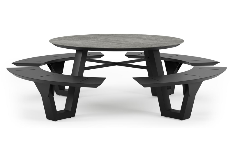 Rondino picknicktafel in zwart aluminium en volkeramiek aspen grey tafelblad - Ø 236 x H 71,5 cm
