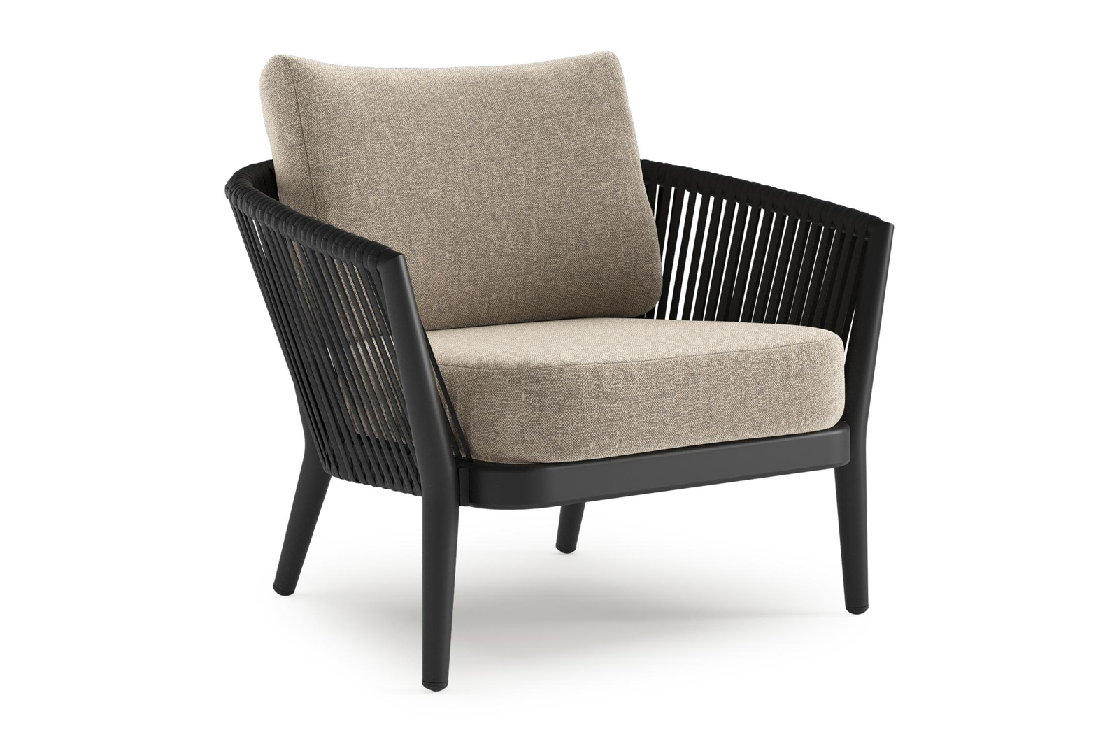 Orso loungestoel in zwart aluminium en zwart verticaal geweven luxe vlakke rope met Chartres Pewter all weather sunbrella® luxe kussen