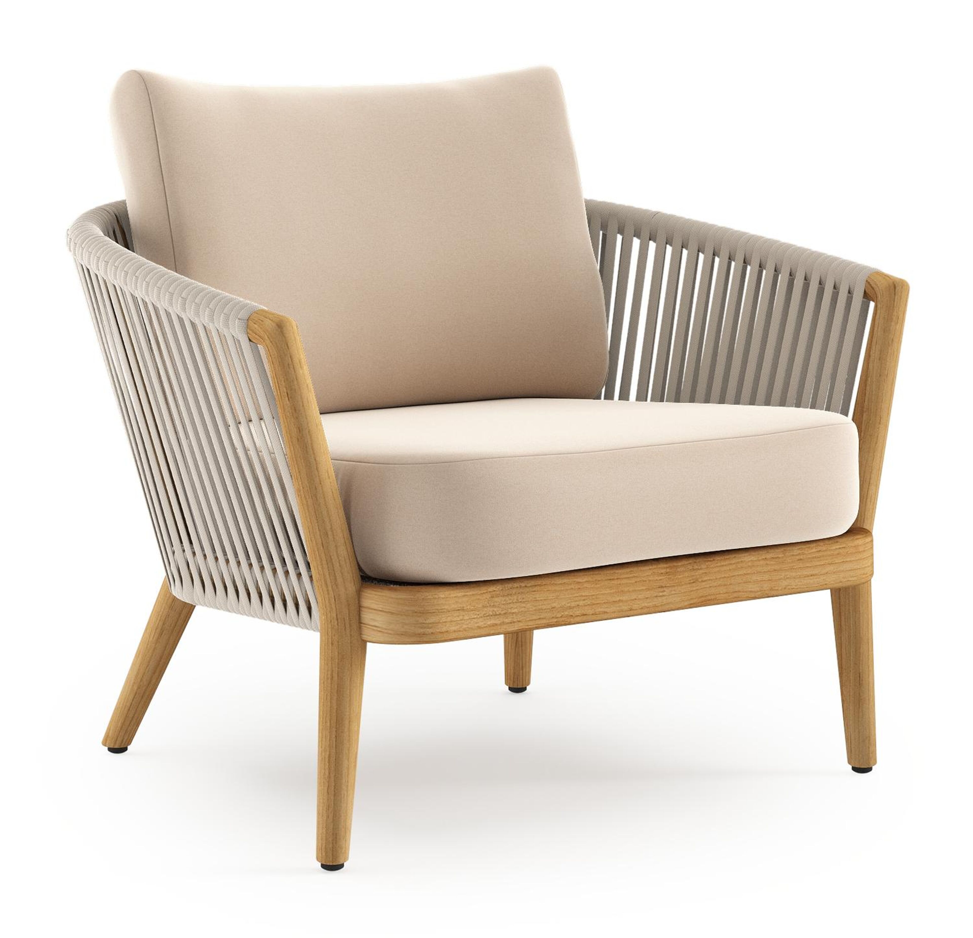 Orso loungestoel in teak en beige verticaal geweven luxe vlakke rope met Natte Linen Chalk all weather sunbrella® luxe kussen