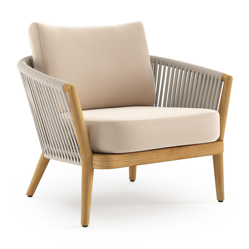 Orso loungestoel in teak en beige verticaal geweven luxe vlakke rope met Natte Linen Chalk all weather sunbrella® luxe kussen